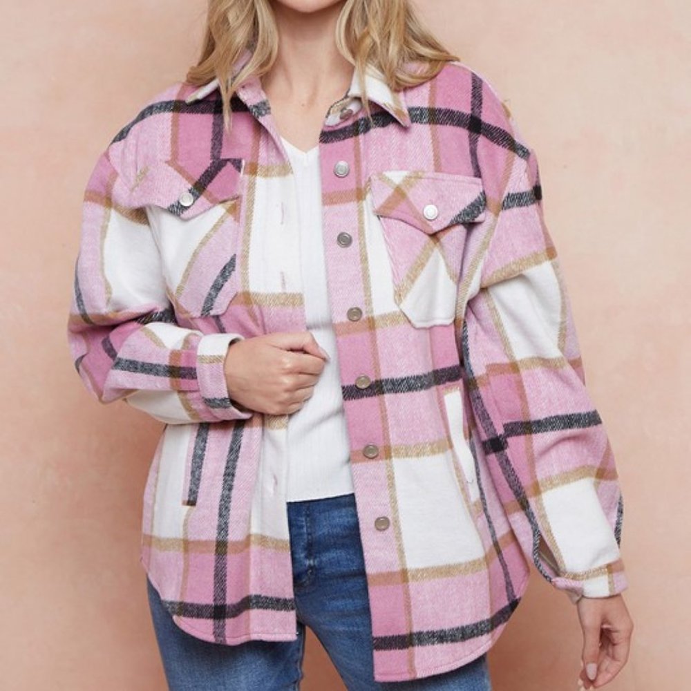 NEW SHACKET FLANNEL PLAID JACKET SHIRT pink/white SM-XLG bohemian western Barbie - Picture 3 of 8